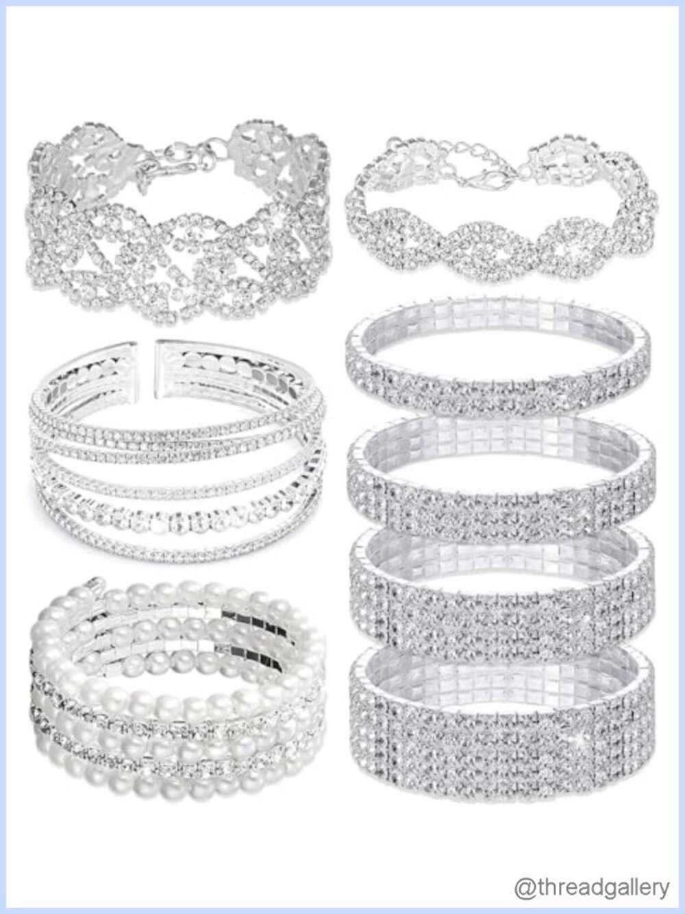 8 Piece Rhinestone Stretch Cuff Bracelet Set Women Cubic Zirconia Crystal